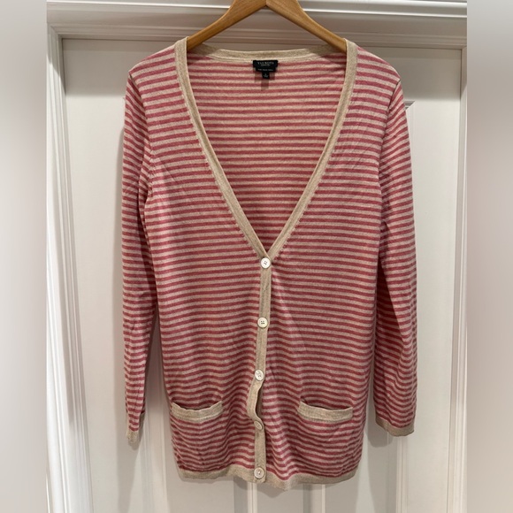 Talbots Boyfriend Sweater Button Down Cardigan Italian Merino Wool Beige Pink L - Picture 1 of 8